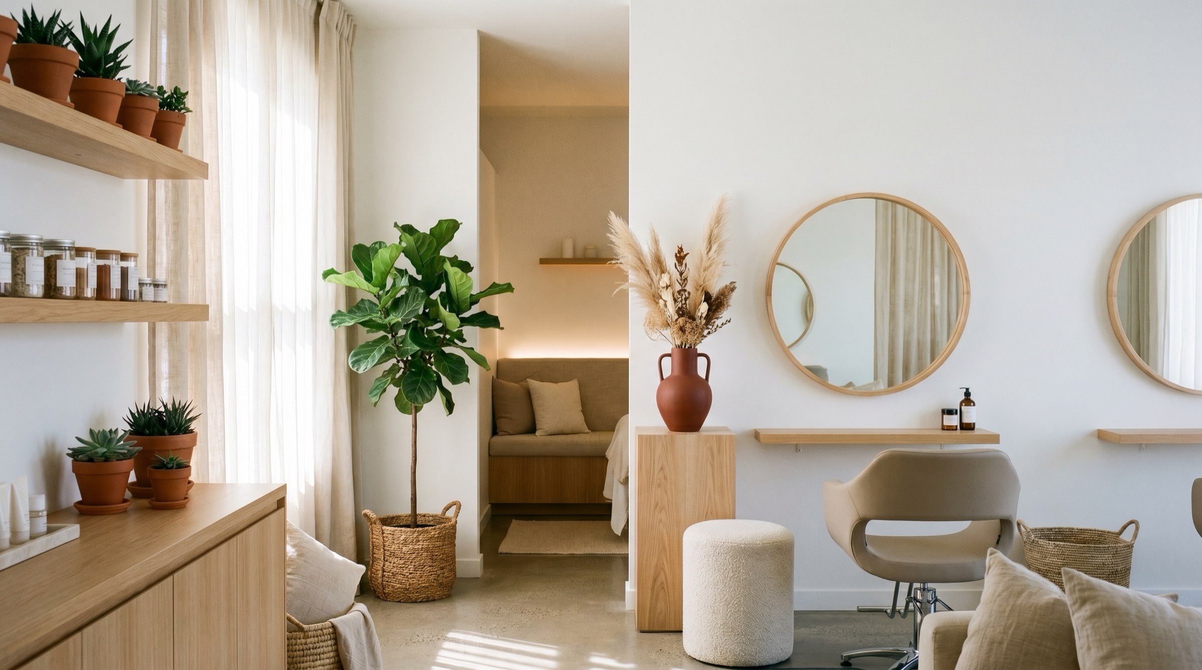 Interior de un salón de belleza moderno en Oviedo — madera clara, plantas, luz cálida, ambiente cuidado tipo spa.