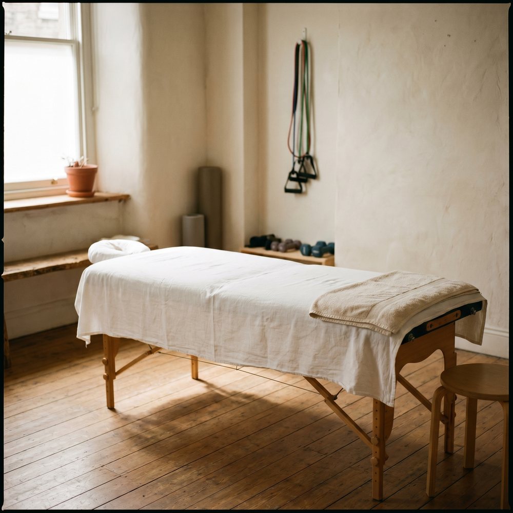 Sala de fisioterapia con camilla y madera cálida, luz natural.